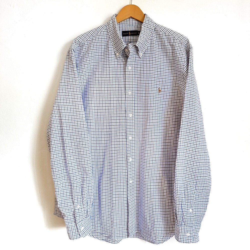 Ralph Lauren XL Mens‎ Shirt Blue White Check Cotton Button Down Classic Fit